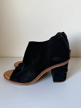 UGG Black Suede Bootie Size 7.5 | Peep Toe Chunky Heel | Open Toe Ankle Boot